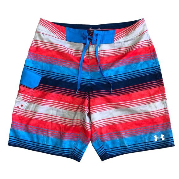 Under Armour Men's Size 34 Striped Board‎ Shorts Blue Gray Punch Red Trunks - Picture 1 of 4